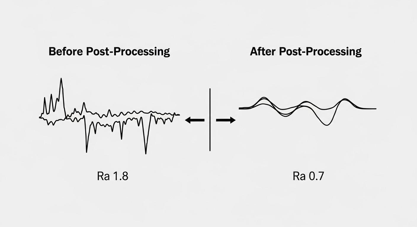 A vector graphic comparing the surface profiles of an aluminum part before and after applying a specific post processing technique such as vibra