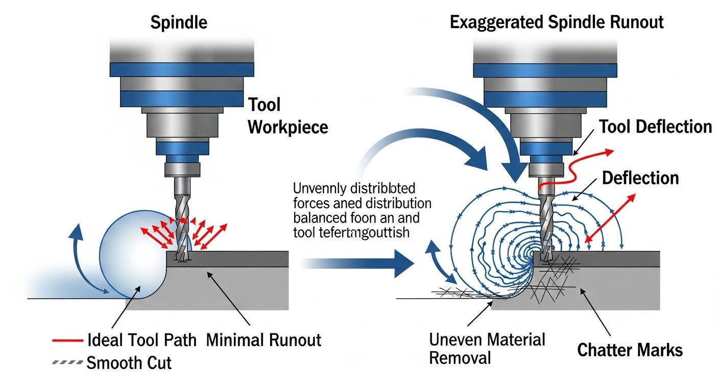 A vector graphic diagram illustrating spindle runout and tool deflection. One side shows an ideal concentric tool path with minimal runout resul