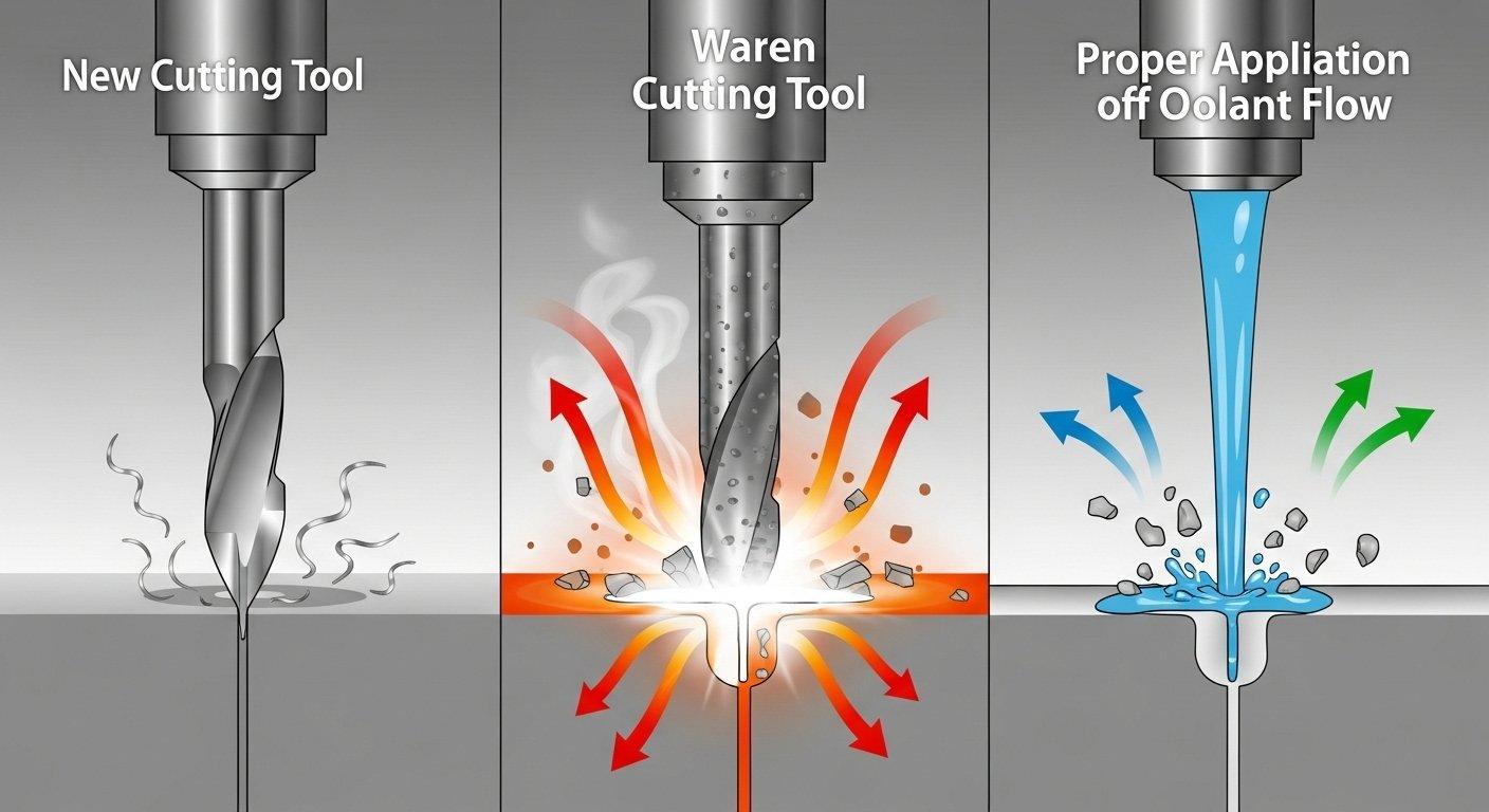 A vector graphic illustrating the machining process with three distinct zones one showing a sharp new tool creating a clean cut another showin