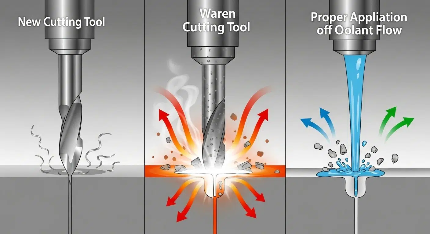 A vector graphic illustrating the machining process with three distinct zones one showing a sharp new tool creating a clean cut another showin