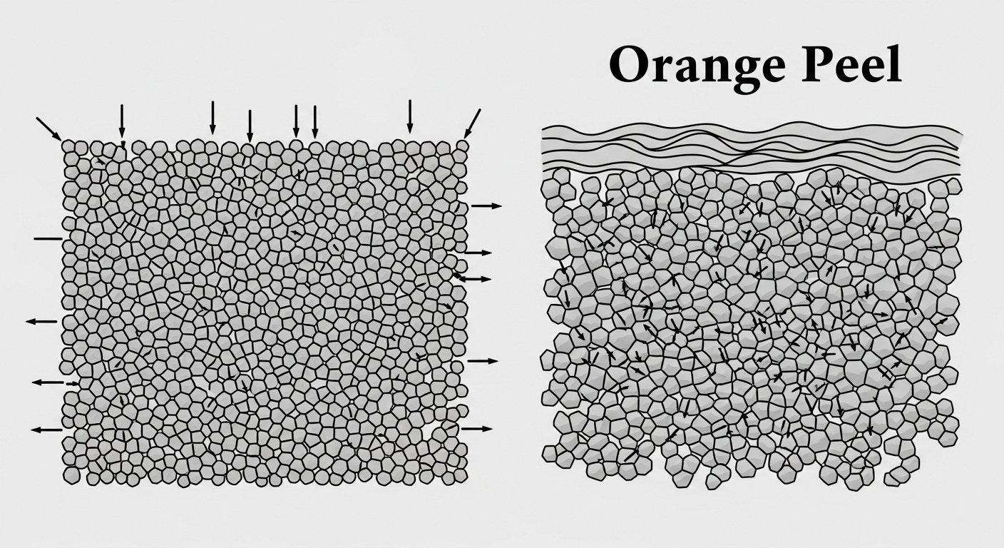 Un gráfico vectorial que ilustra dos microestructuras de aluminio lado a lado. Uno muestra una estructura de grano fino uniforme con flechas de deformación iguales.