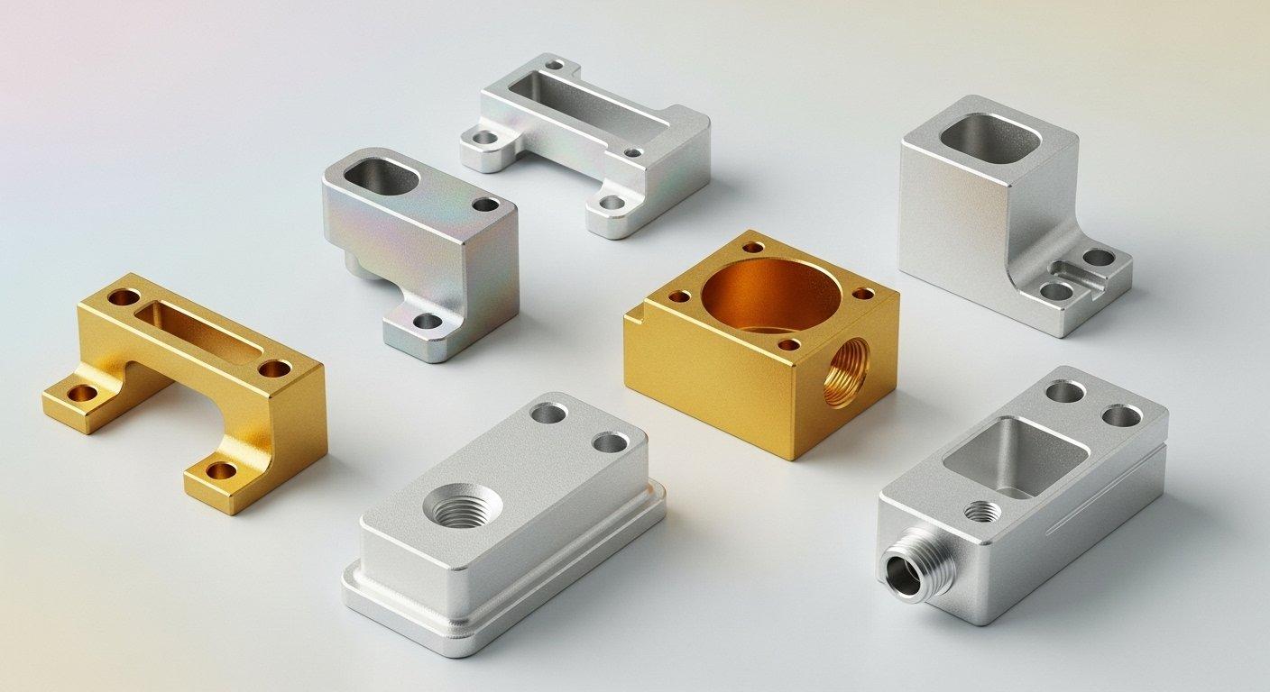 Eine optisch ansprechende Produktkollektion mit einer Reihe von CNC-bearbeiteten Aluminiumkomponenten, die verschiedenen chemischen Umwandlungsbeschichtungen unterzogen wurden