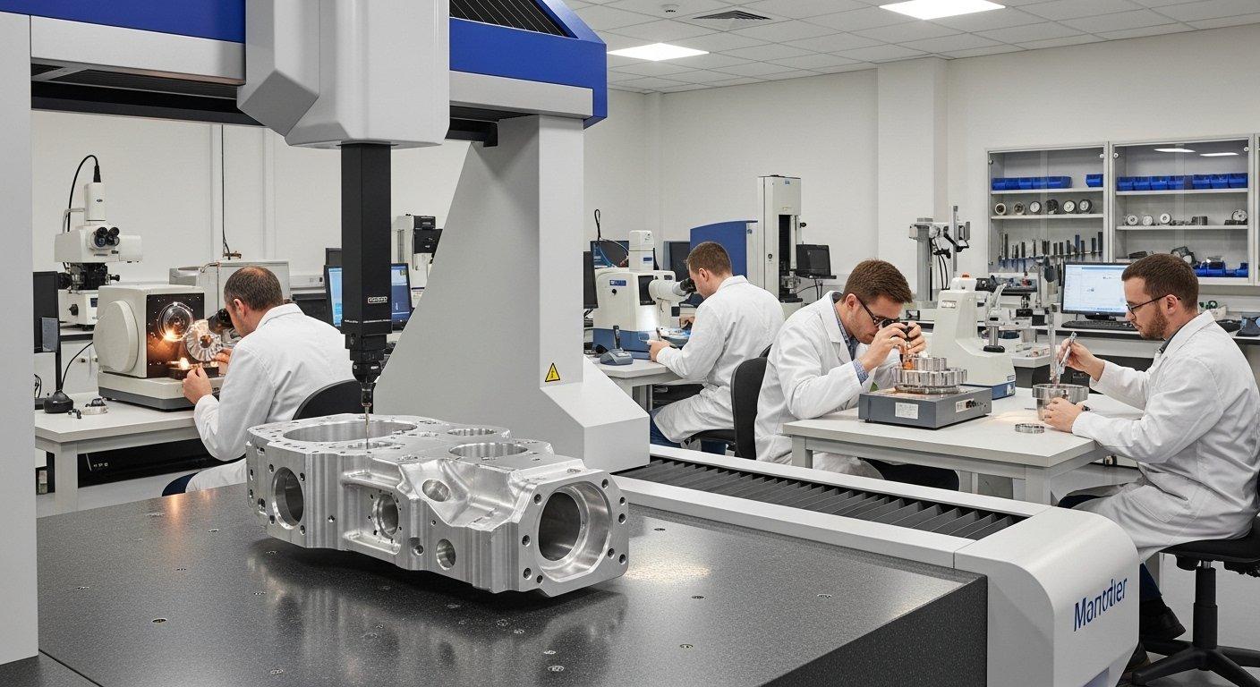 Aluminum CNC machined part undergoing CMM inspection in a brightly lit quality control lab. Technicians perform precision checks with profilometer