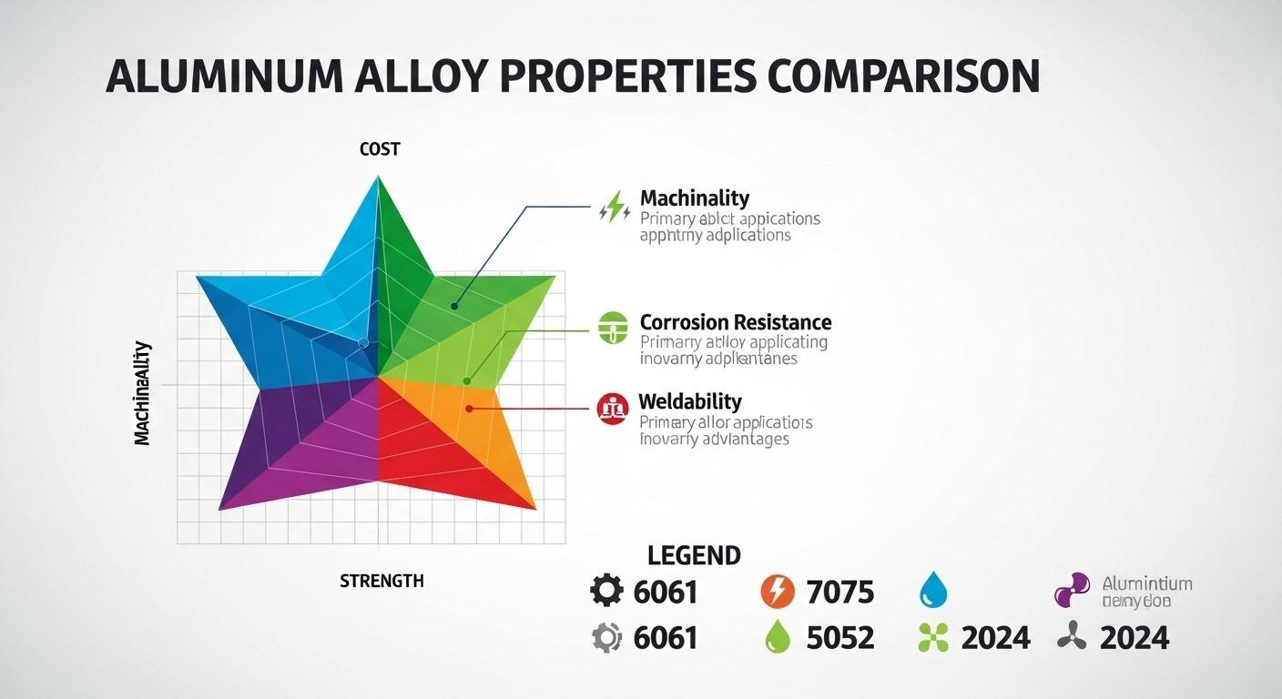 Aluminum alloy properties comparison infographic detailing strength machinability corrosion resistance and weldability of 6061 7075 5052 an 2