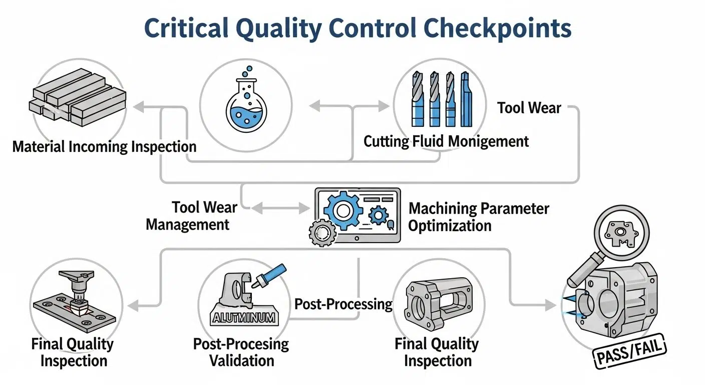 An infographic displaying a flow chart of critical quality control checkpoints in aluminum CNC machining. It starts with Material Incoming Inspec