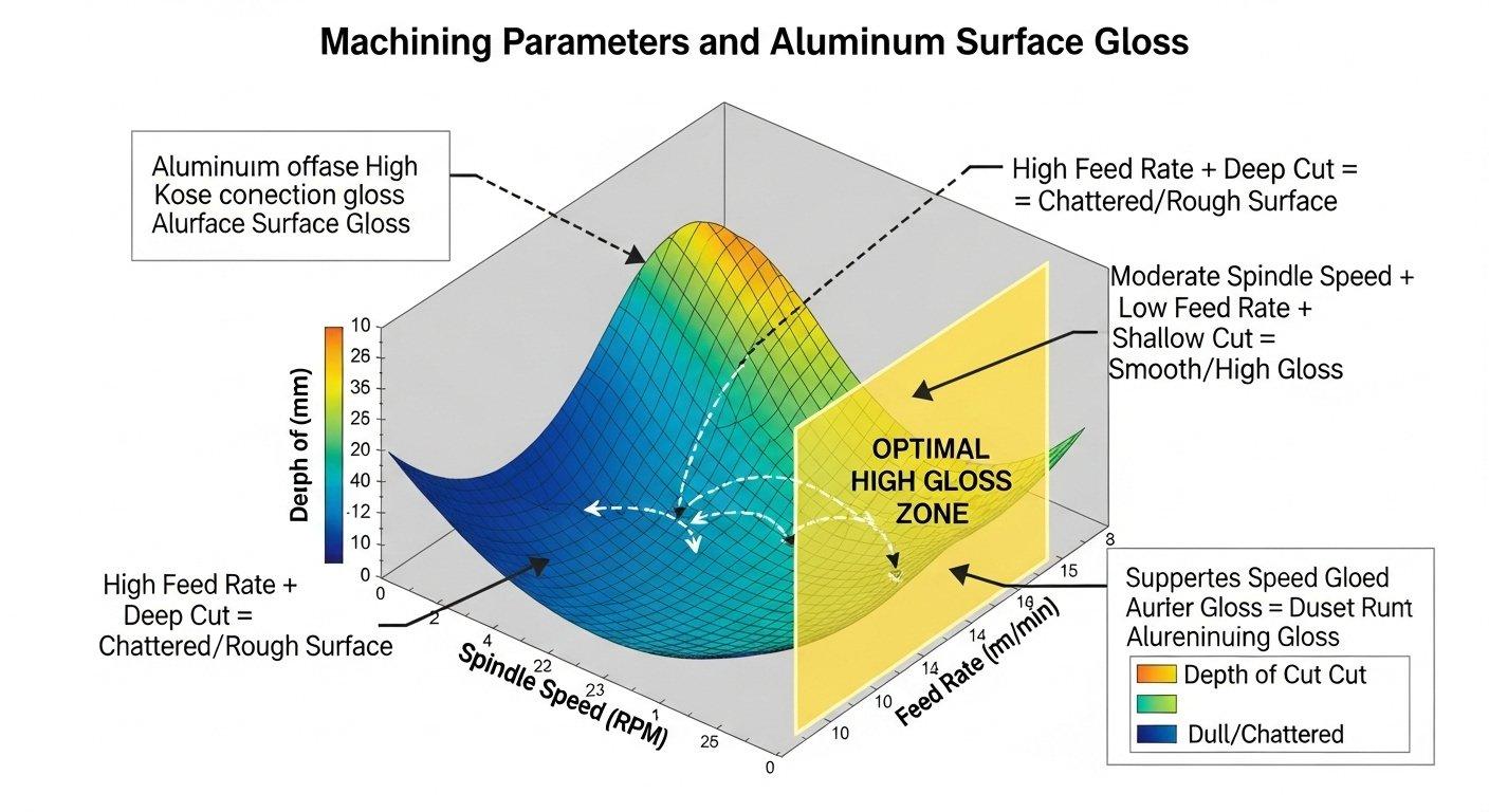 Una infografía que muestra la interrelación entre la velocidad del husillo, la velocidad de avance y la profundidad de corte en el brillo superficial del aluminio. Utilizar una matriz o una mu