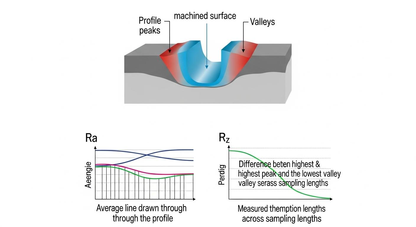 An infographic showing a cross section of a machined surface clearly labeling the profile peaks and valleys. Below it separate distinct visual