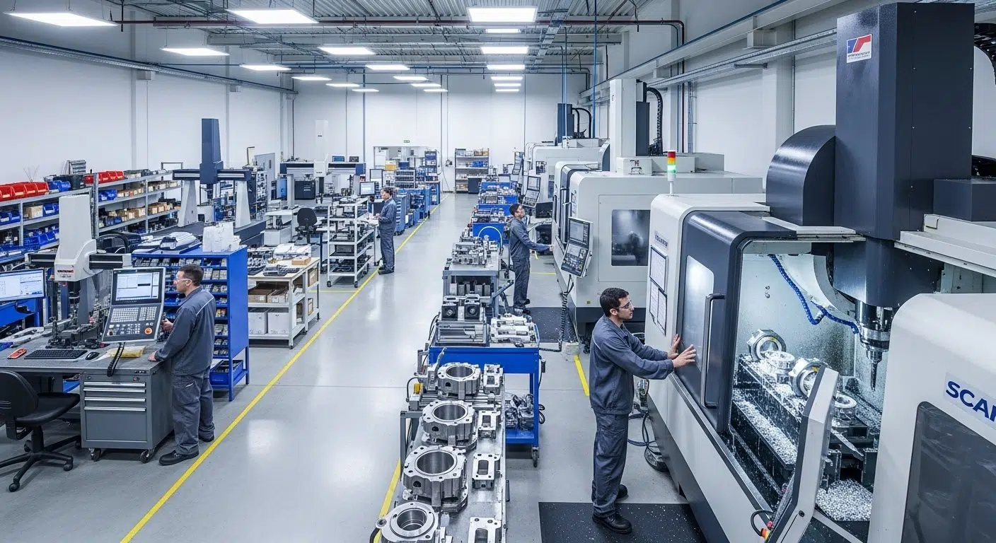 An interior shot of a modern clean CNC machining factory floor. The image shows several advanced 5 axis CNC machines in operation with skilled t