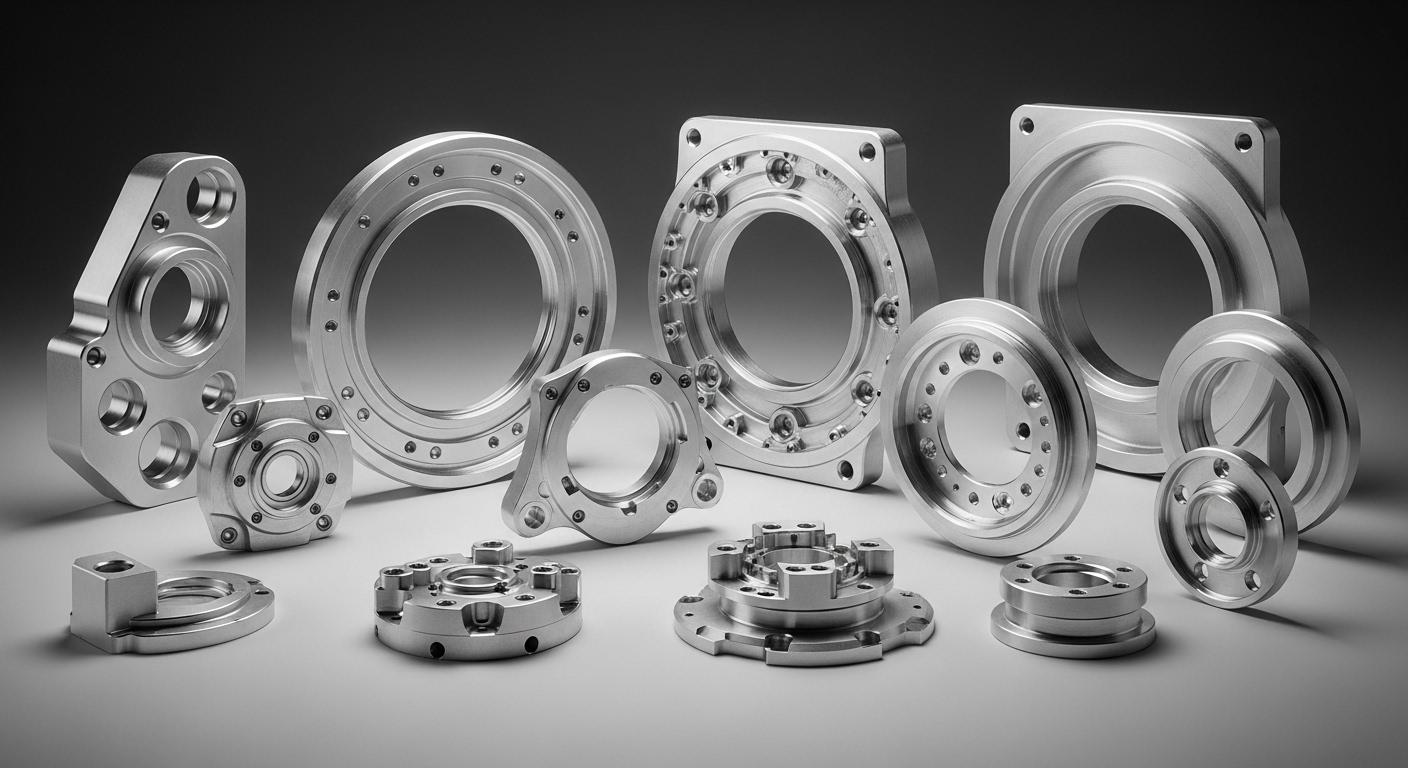 Another product collection image. A carefully arranged display of several complex high precision CNC machined aluminum parts perhaps for aerospa