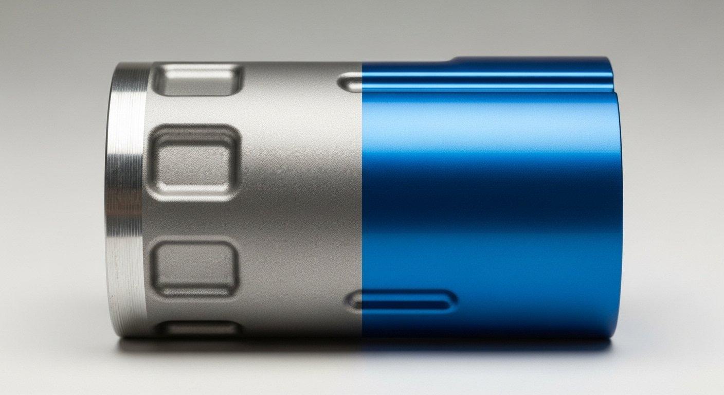 Before and after comparison of a CNC machined aluminum part showcasing the transformation from a dull raw finish to a vibrant smooth Type II an