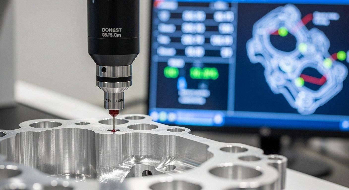 CMM probe meticulously inspecting a complex high precision CNC machined aluminum component with measurement data visible on the machines interf