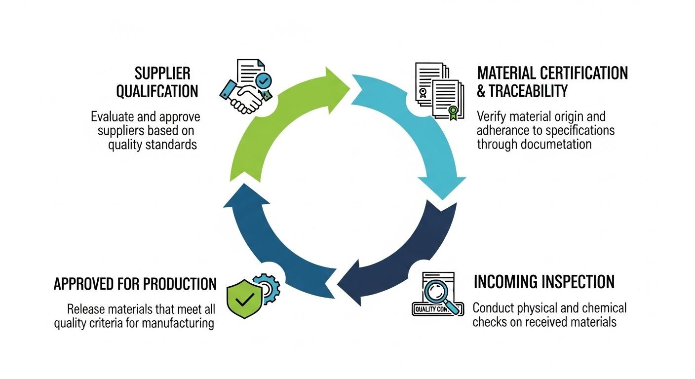 Circular infographic detailing the raw material quality control process for aluminum CNC machining from supplier qualification and material certi