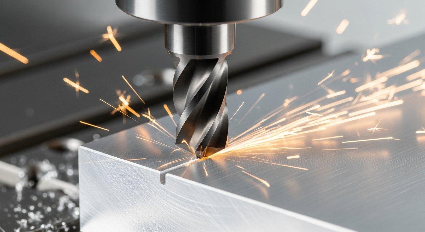 Close up of a high performance carbide end mill actively cutting aluminum on a CNC machine with chips flying demonstrating efficient material re
