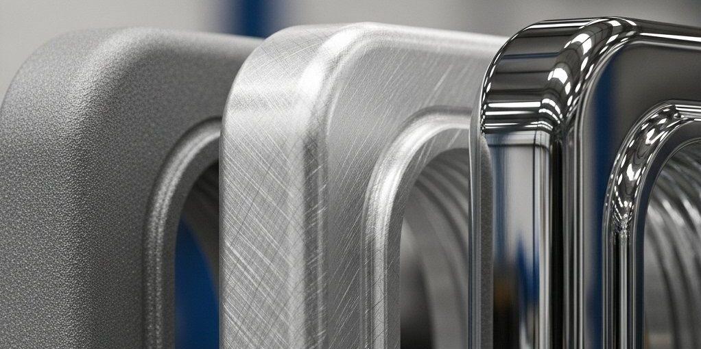 Zoom avant sur trois pièces en aluminium usinées CNC mettant en valeur des finitions mates sablées, satinées brossées à fil et polies miroir, mettant en évidence 1 e1758936207390