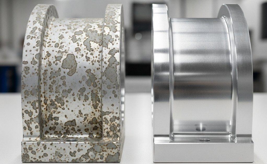 CNC Machining Aluminum: Solving Part Bluishing and Discoloration Issues 3 Close up of two CNC machined aluminum parts one severely whitened discolored and oxidized juxtaposed with an identical part featuring a bright 1 e1758959728944