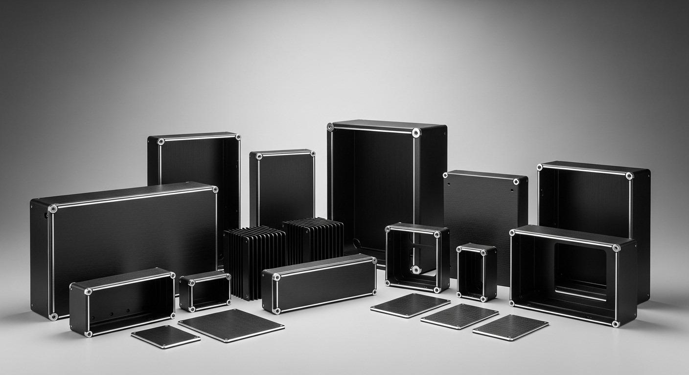 Collection of anodized aluminum CNC enclosures panels and housings showcasing excellent color uniformity and surface quality for high end consum