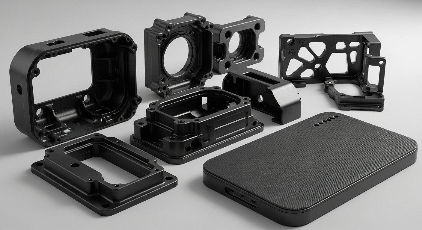 Collection of complex aluminum CNC machined parts including medical device housings and aerospace components showcasing perfectly uniform matte