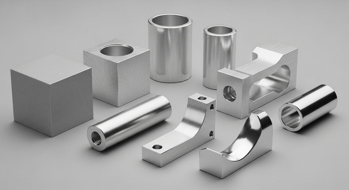 Collection de pièces en aluminium usinées avec précision par CNC avec des finitions sablées, brossées et polies mettant en valeur diverses textures visuelles