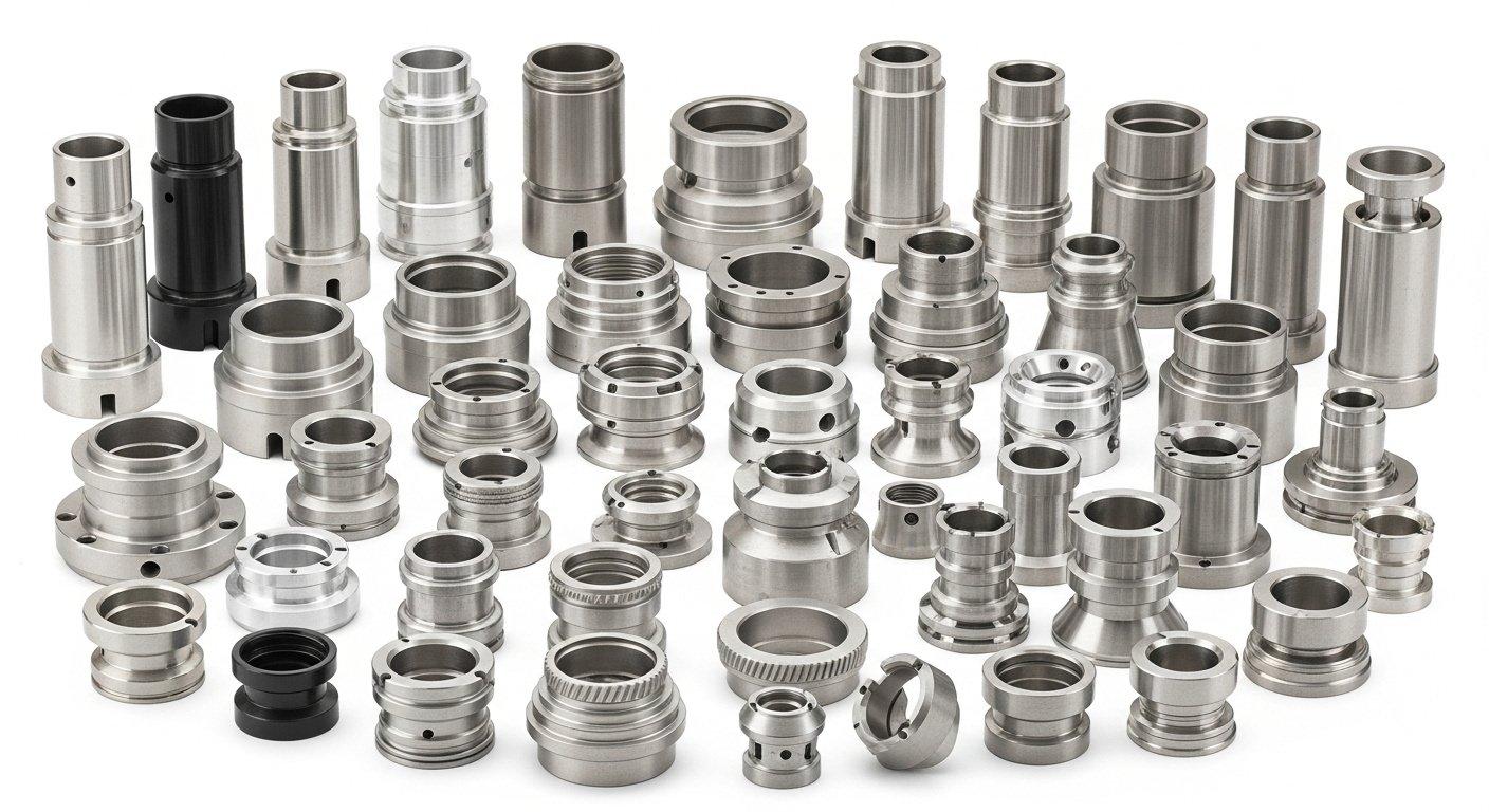 Çeşitli alüminyum, paslanmaz çelik ve titanyum parçaları içeren yüksek hassasiyetli CNC işlenmiş metal bileşenler koleksiyonu, farklı yüzey işlemleriyle birlikte