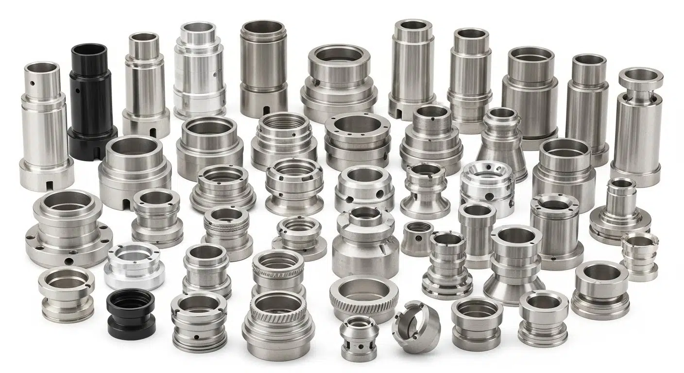 Colección de componentes metálicos mecanizados con alta precisión, incluyendo piezas variadas de aluminio, acero inoxidable y titanio con diferentes acabados superficiales