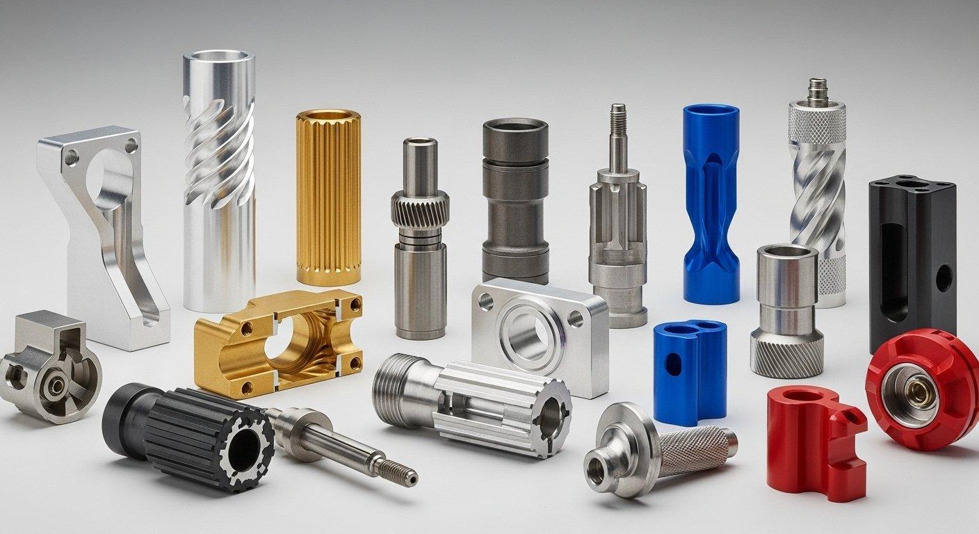 Alüminyum, pirinç, paslanmaz çelik ve plastik gibi çeşitli malzemelerden oluşan hassas CNC işlenmiş parçalar koleksiyonu, karmaşık formları ve çok sıkı toleransları sergiliyor