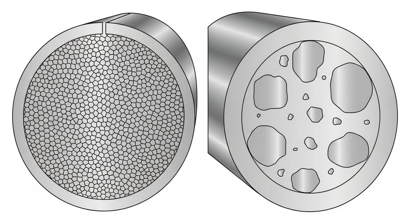 Vergleich der inneren Strukturen von Aluminium-Barren, eines mit gleichmäßig feinem Korn für hohe Qualität bei CNC-Bearbeitung und eines mit Hohlräumen