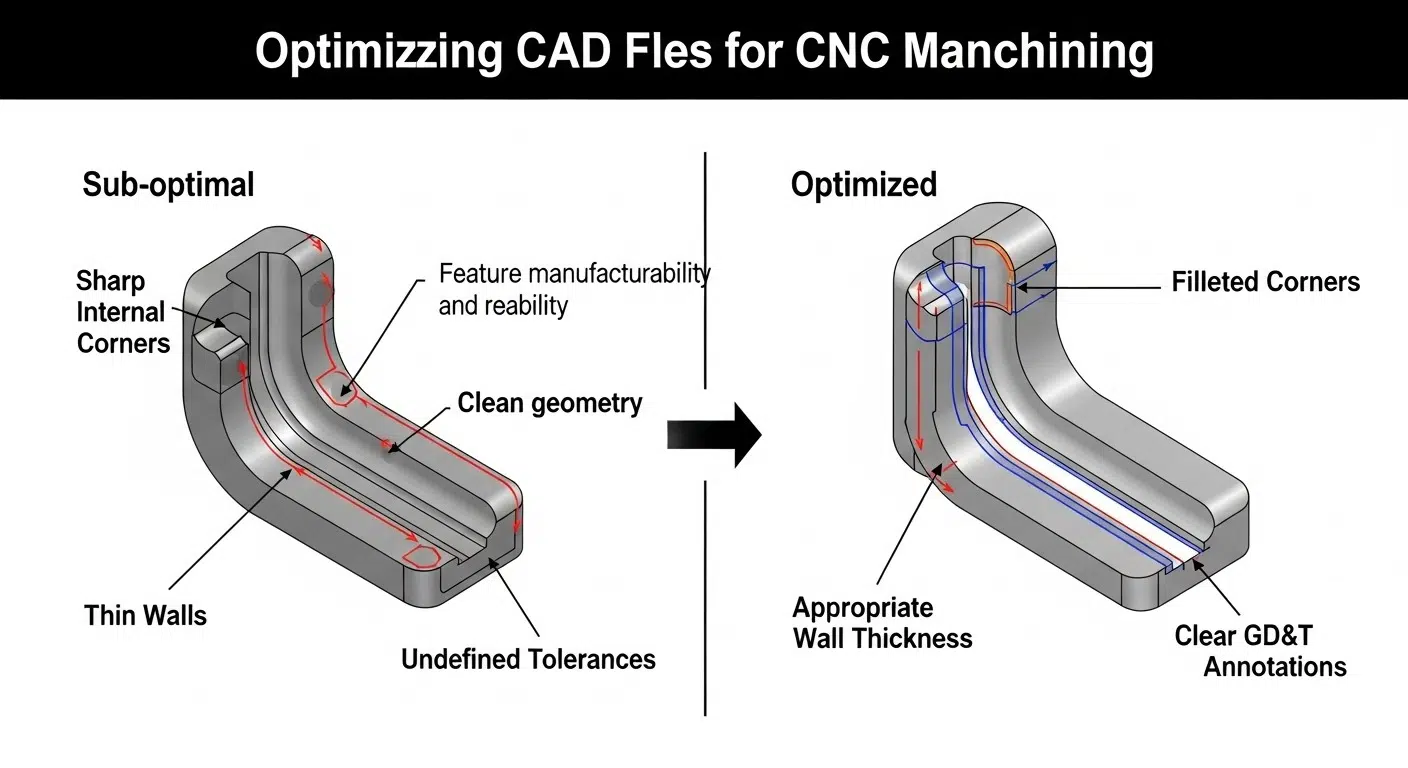 Infographie détaillée illustrant l’optimisation du fichier CAO pour l’usinage CNC, contrastant les conceptions sous-optimales avec des problèmes tels que les coins aigus et les parois fines