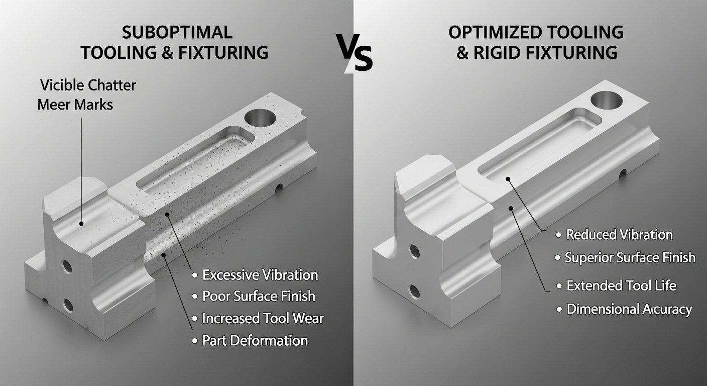 Detailed vector graphic comparing aluminum CNC machining quality suboptimal tooling and fixturing resulting in a part with chatter marks and defo