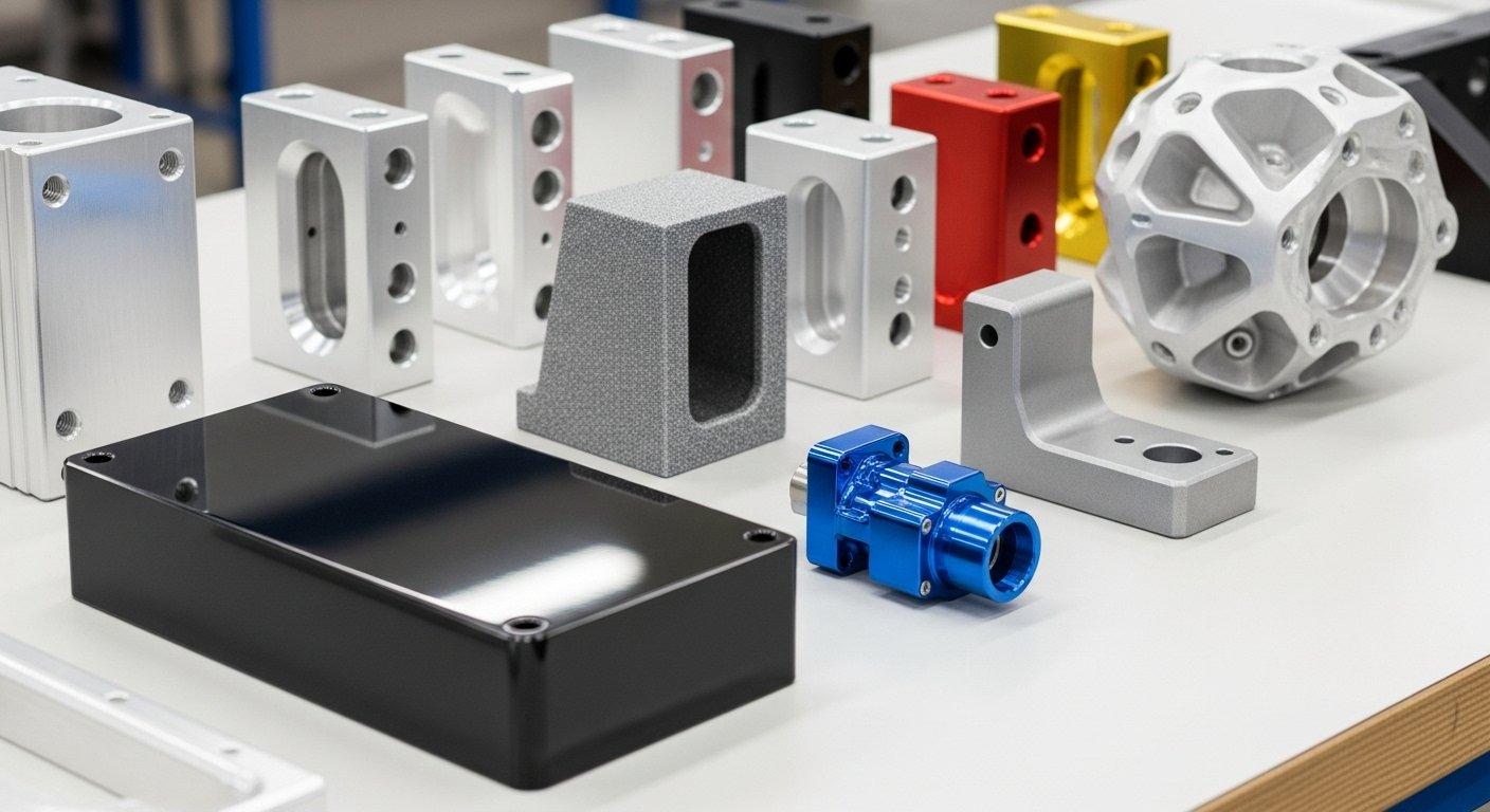 Diverse collection of CNC machined aluminum parts featuring various surface finishes and colors glossy black anodized vibrant blue polished ma