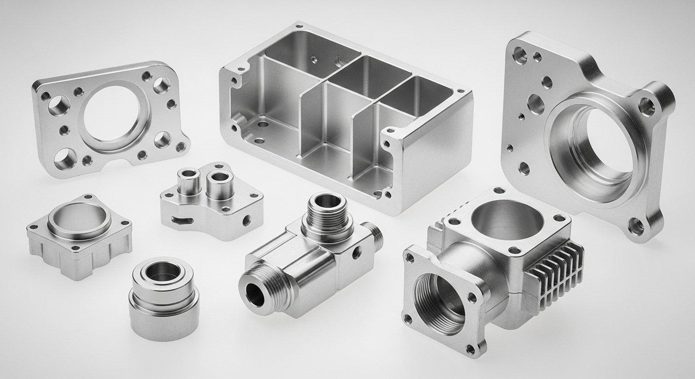 Diverse collection of high precision CNC machined aluminum components featuring custom and complex designs for aerospace electronics medical a