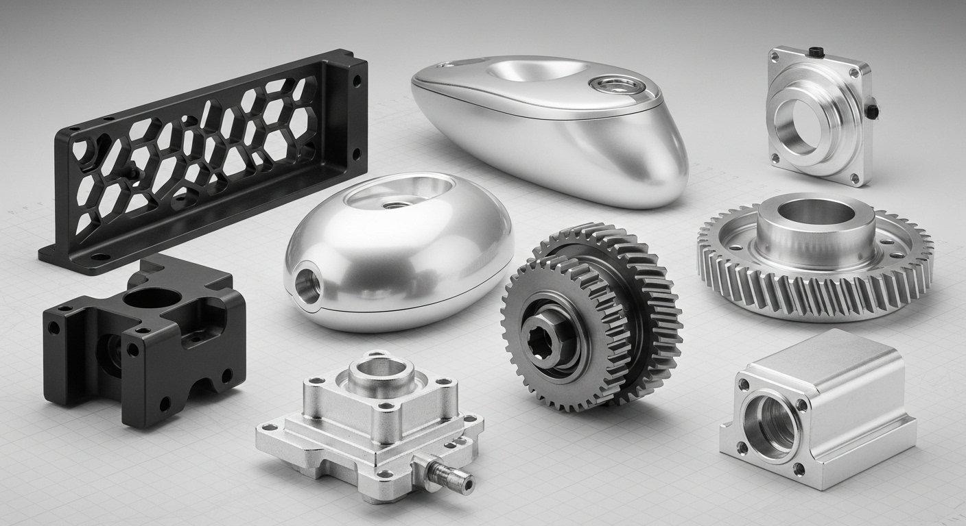 Diverse collection of high precision CNC machined aluminum parts for aerospace medical devices automotive and electronics showcasing intricate