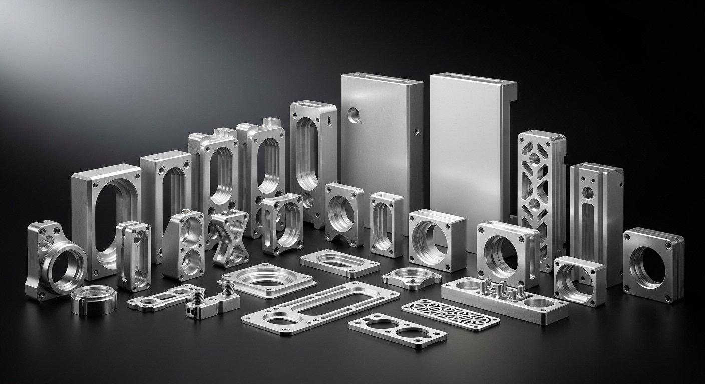 Diverse collection of high precision CNC machined aluminum parts including aerospace brackets and electronic enclosures showcasing quality and v