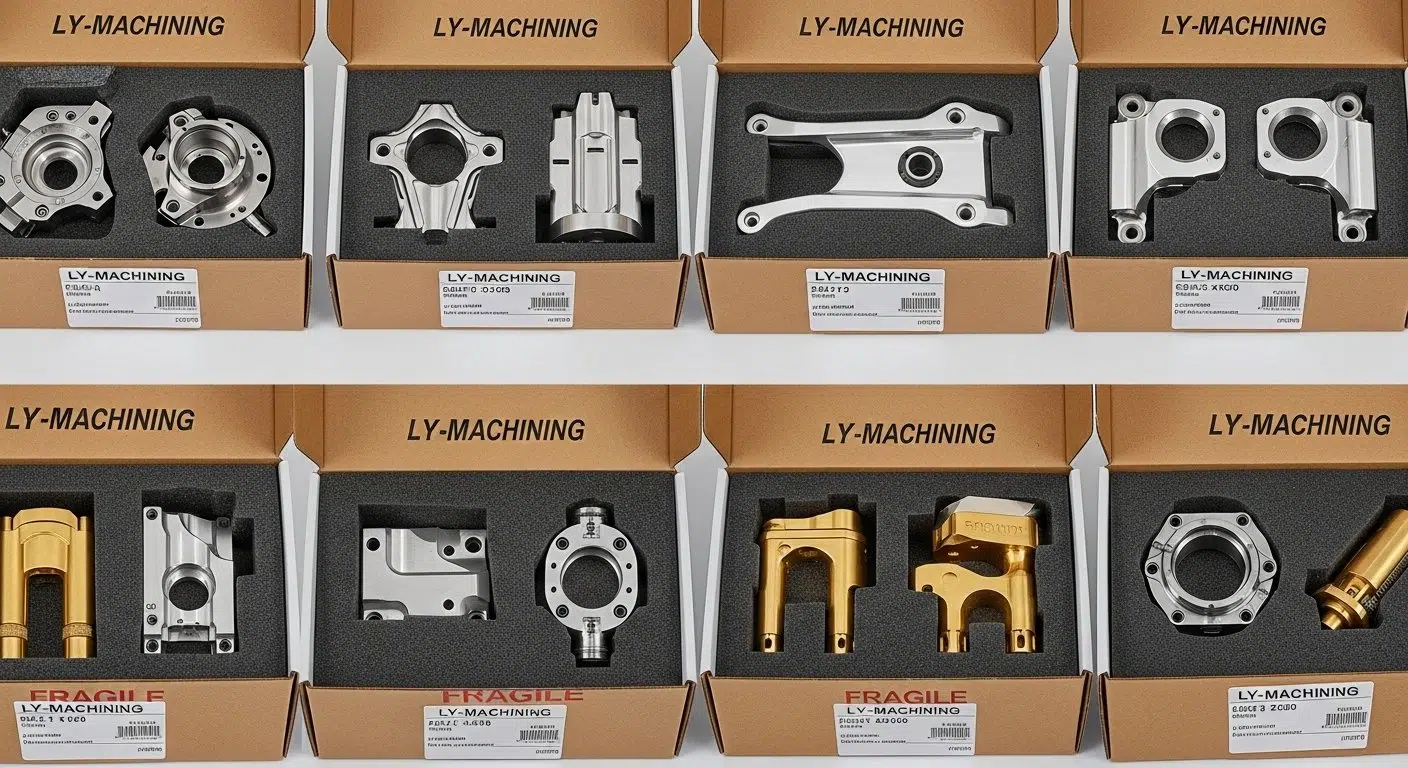 Pièces diverses usinées CNC de précision, soigneusement emballées dans des inserts en mousse sur mesure au sein de boîtes d'expédition robustes et étiquetées, représentant des produits finis