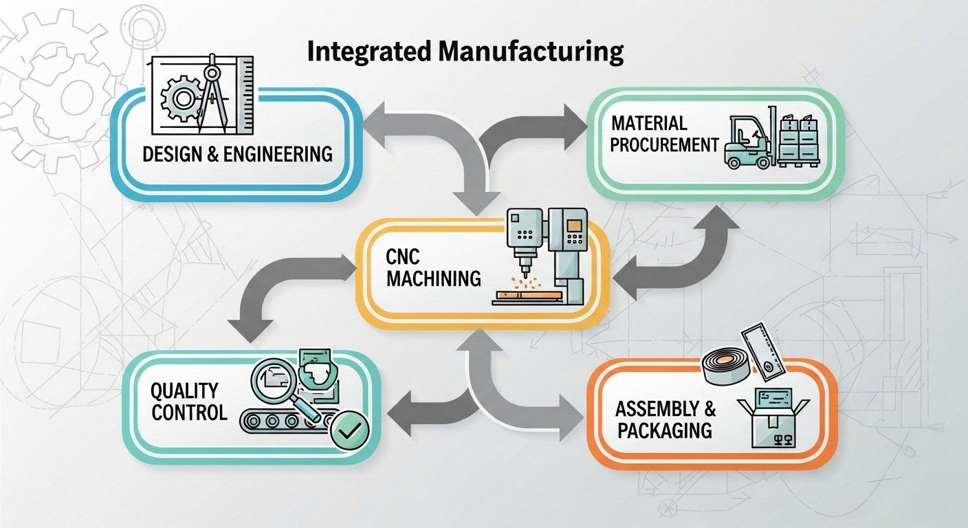Efficient aluminum CNC machining manufacturing workflow vector graphic detailing an integrated process from Design Engineering Material Procur