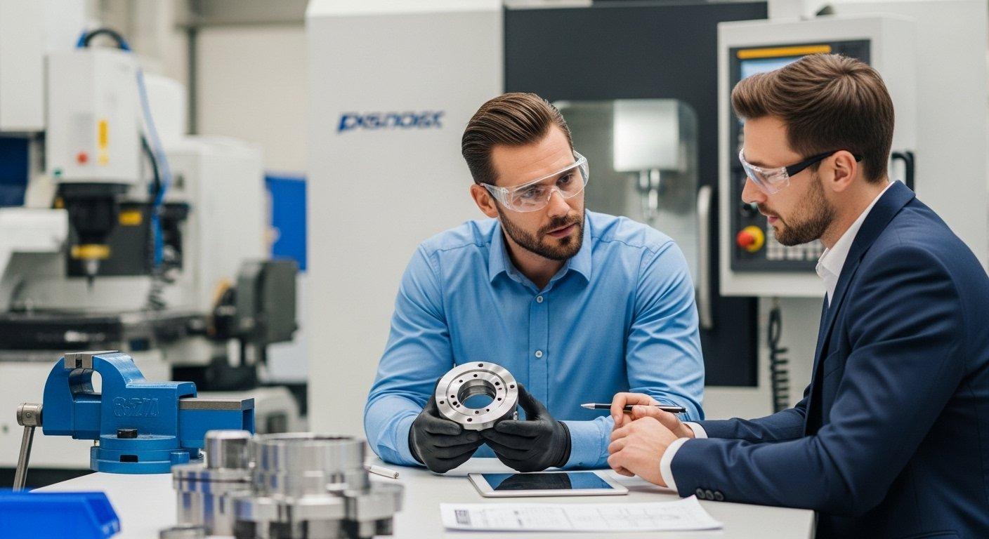 Ingeniero y cliente consultando sobre una pieza mecanizada y sus especificaciones de material en una tableta en una fábrica moderna de mecanizado CNC con maquinaria avanzada