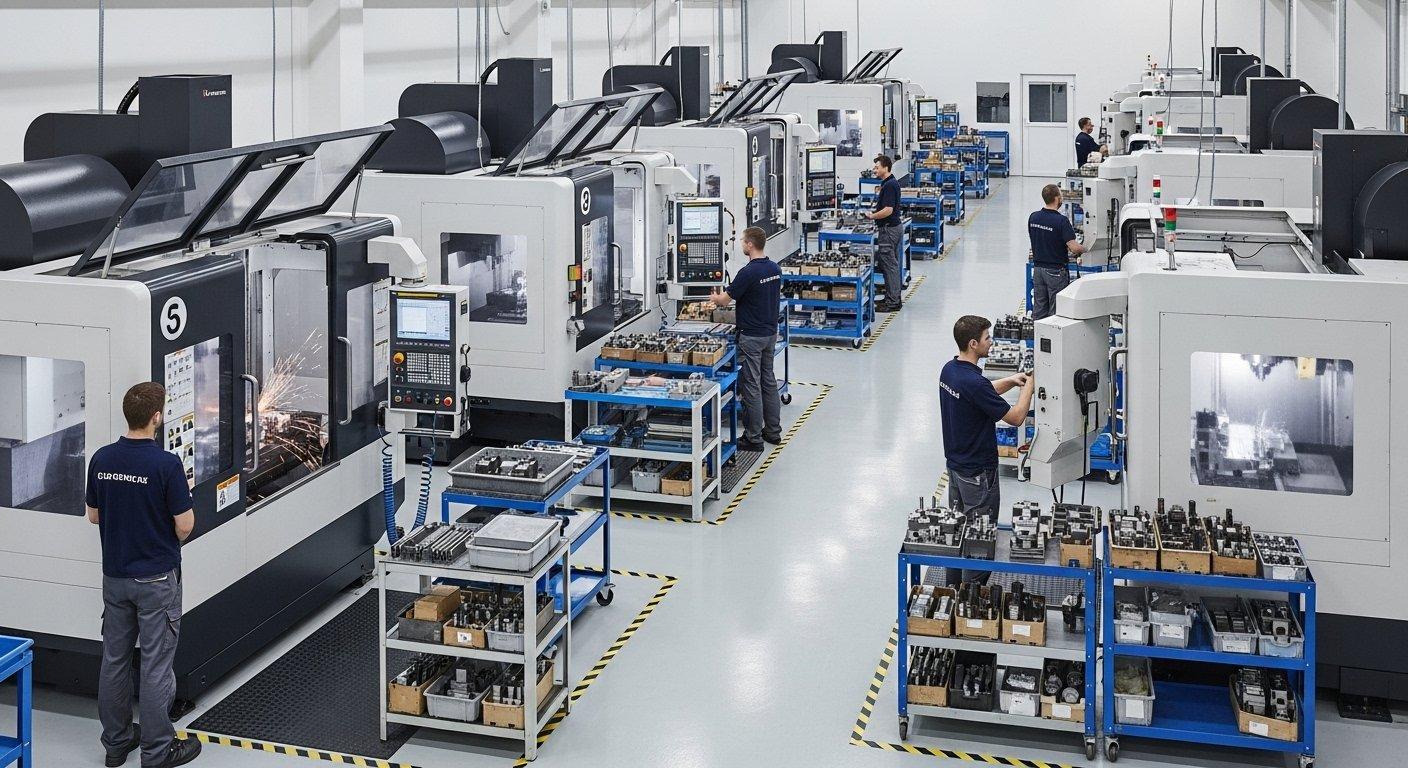 High angle view of ly machinings modern brightly lit CNC machining floor showcasing advanced multi axis CNC machines in operation with technici