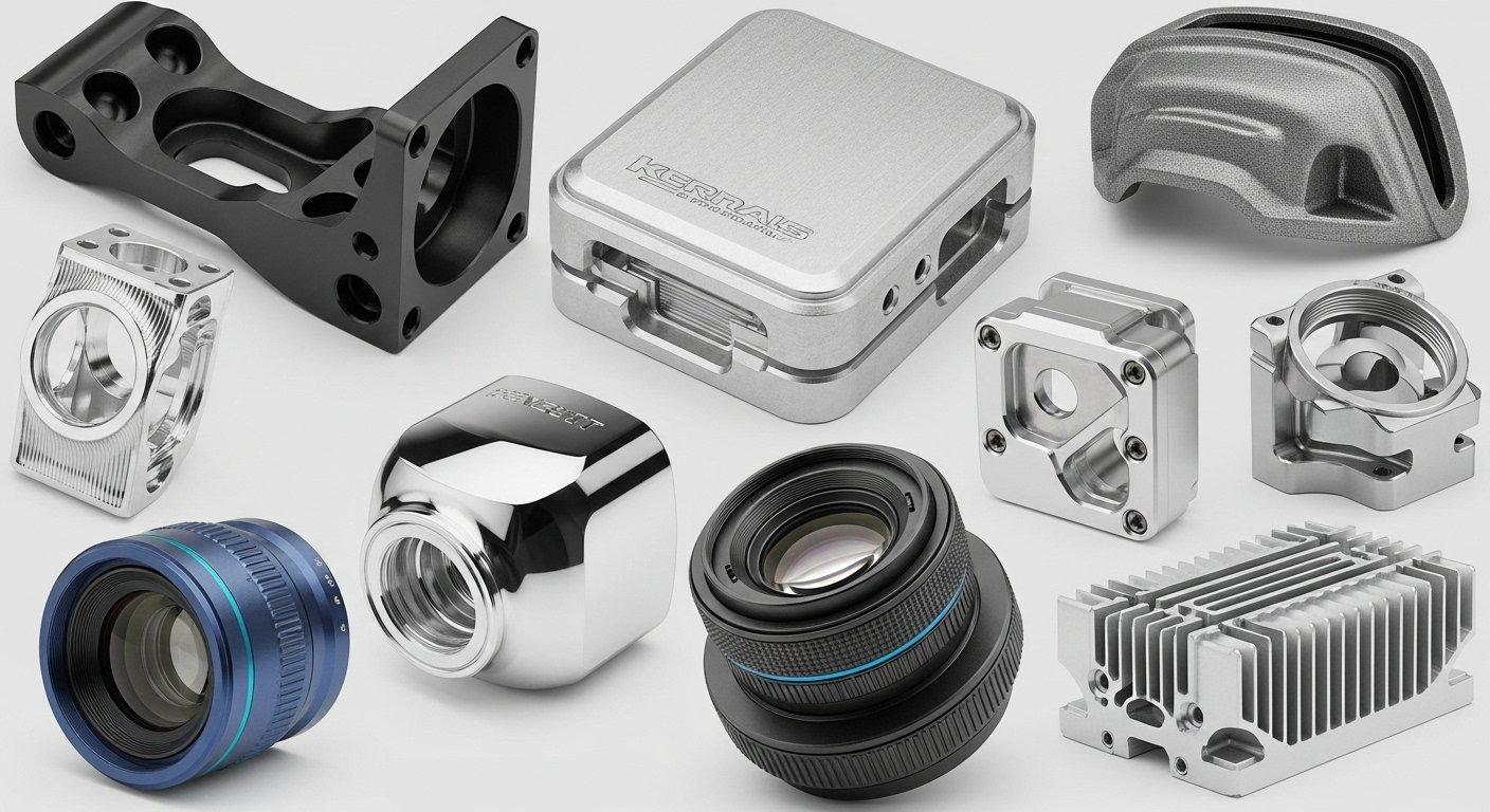 High end CNC machined aluminum parts gallery showcasing diverse surface finishes including sandblasted brushed and polished highlighting superi