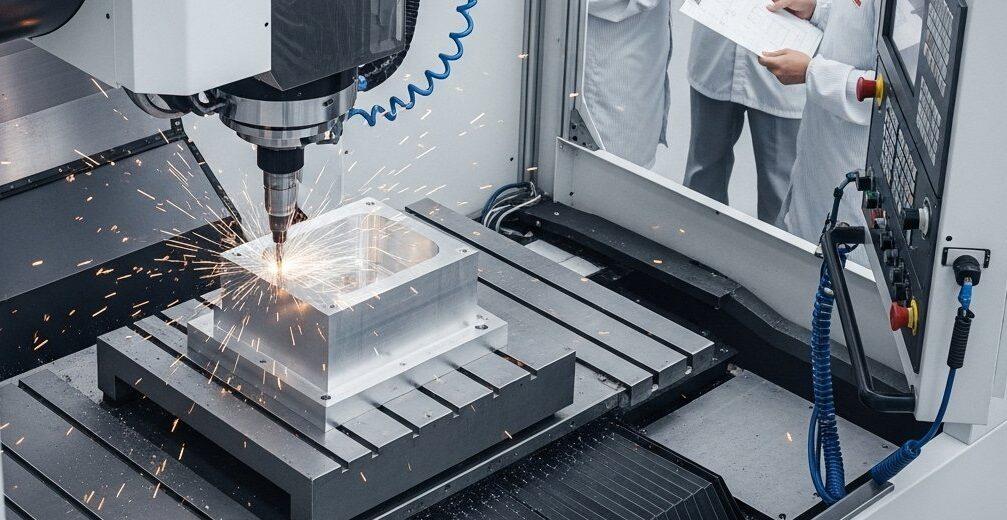 Aluminum CNC Machining Shop: How to Choose a Reliable One 1 High precision 5 axis CNC machine actively milling an aluminum block with sparks on a clean factory floor where engineers in cleanroom attire rev 1 e1758952838679