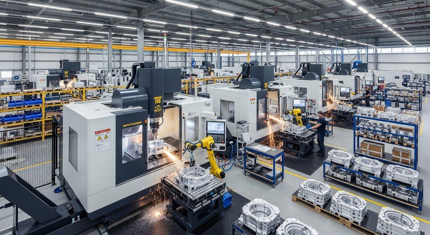 Hochpräzise 5-Achsen-CNC-Maschinen, die aktiv Aluminiumteile in einer modernen, sauberen Fabrik schneiden, und die fortschrittliche Fertigungsprozesse und Technologien veranschaulichen