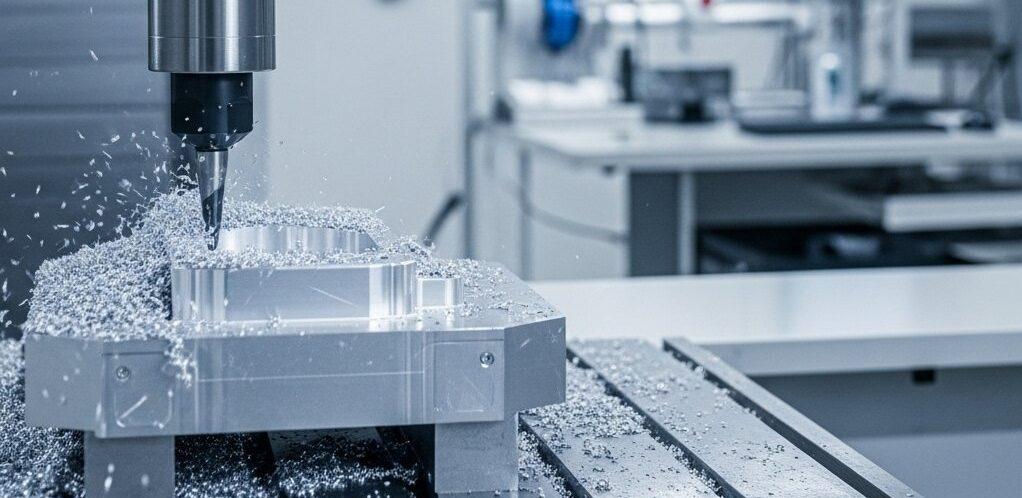 Aluminum CNC Machining: Mastering Full-Process Quality Control 1 High precision CNC machine milling an aluminum part showcasing precise cutting and fine aluminum chips. A background quality control station with 1 e1758941898291