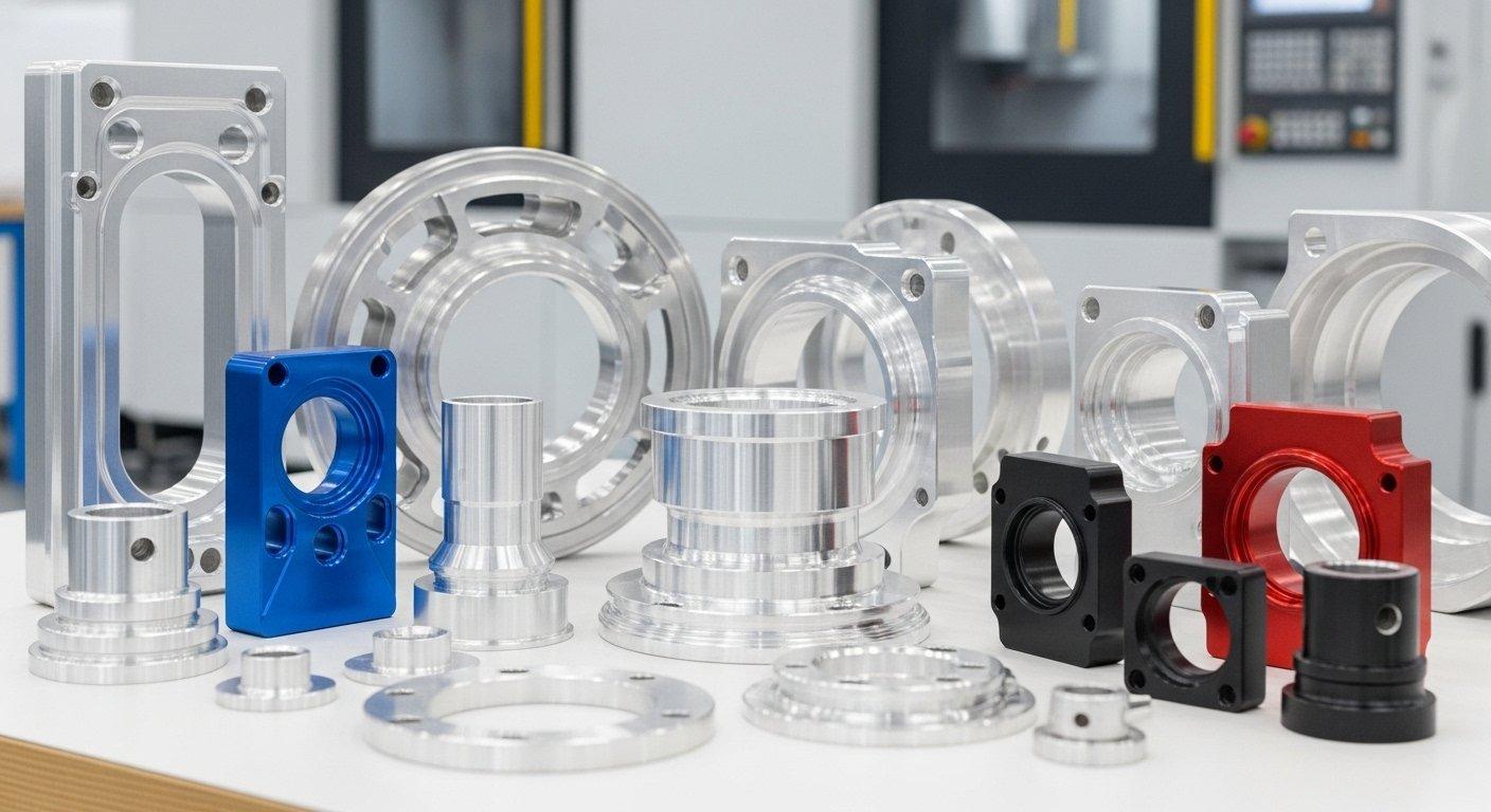 High precision CNC machined aluminum components displaying a range of quality surface finishes including anodized brushed and polished highlig