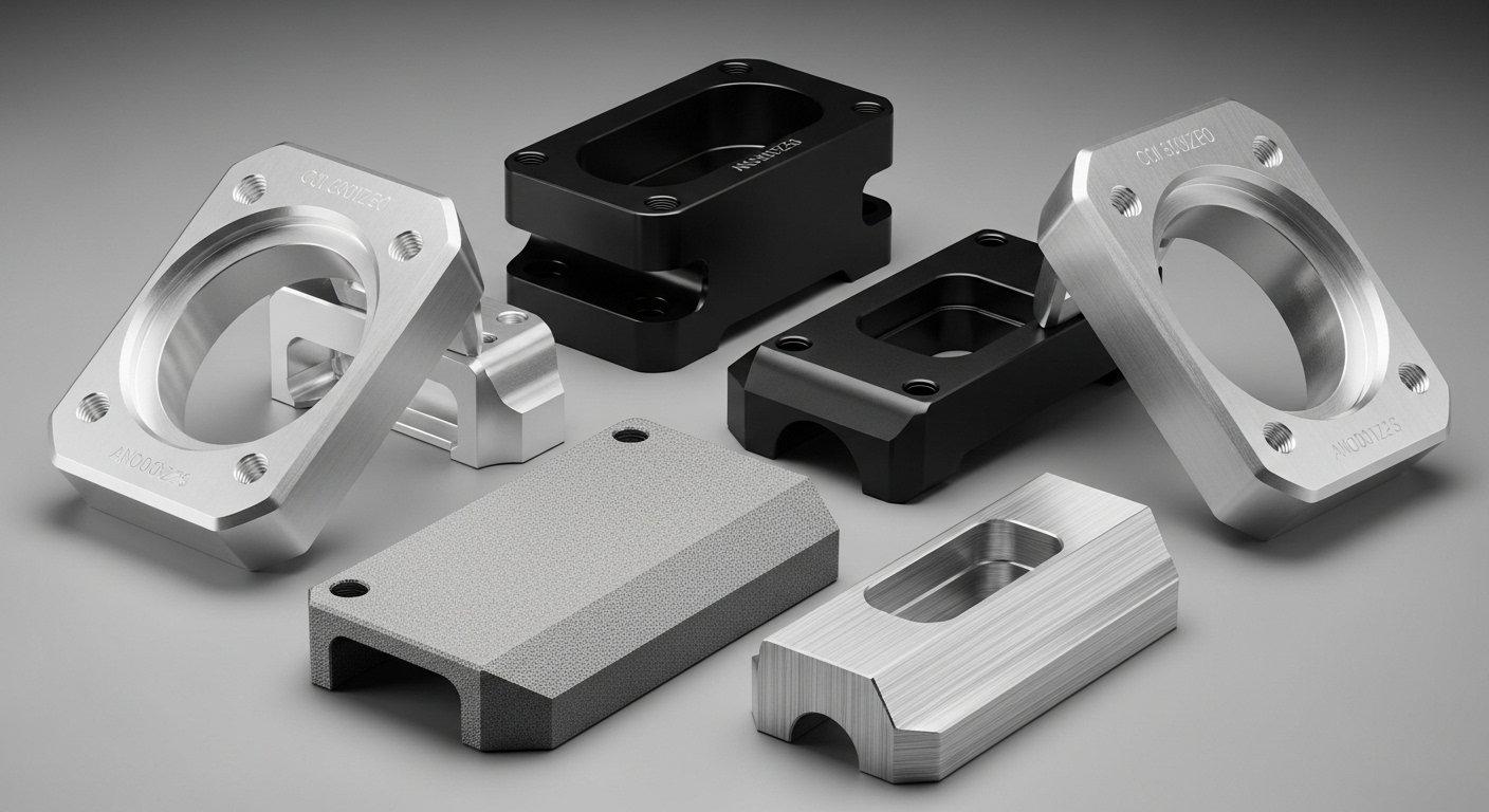 High precision CNC machined aluminum parts collection showcasing diverse surface finishes including clear anodized black anodized bead blasted