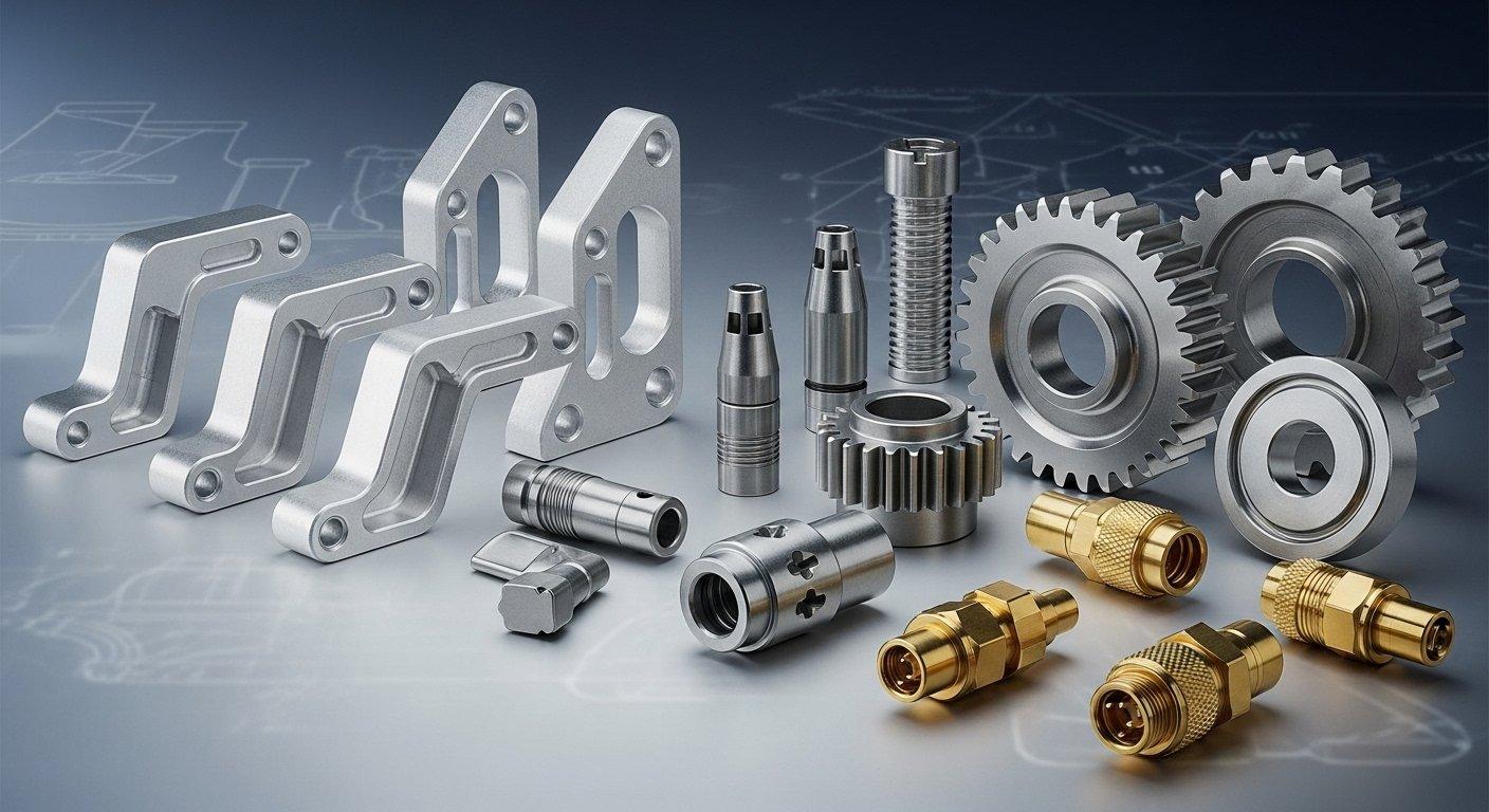 Colección de piezas metálicas de precisión CNC mecanizadas que presentan materiales comunes como soportes aeroespaciales de aluminio, implantes médicos de titanio, acero inoxidable s