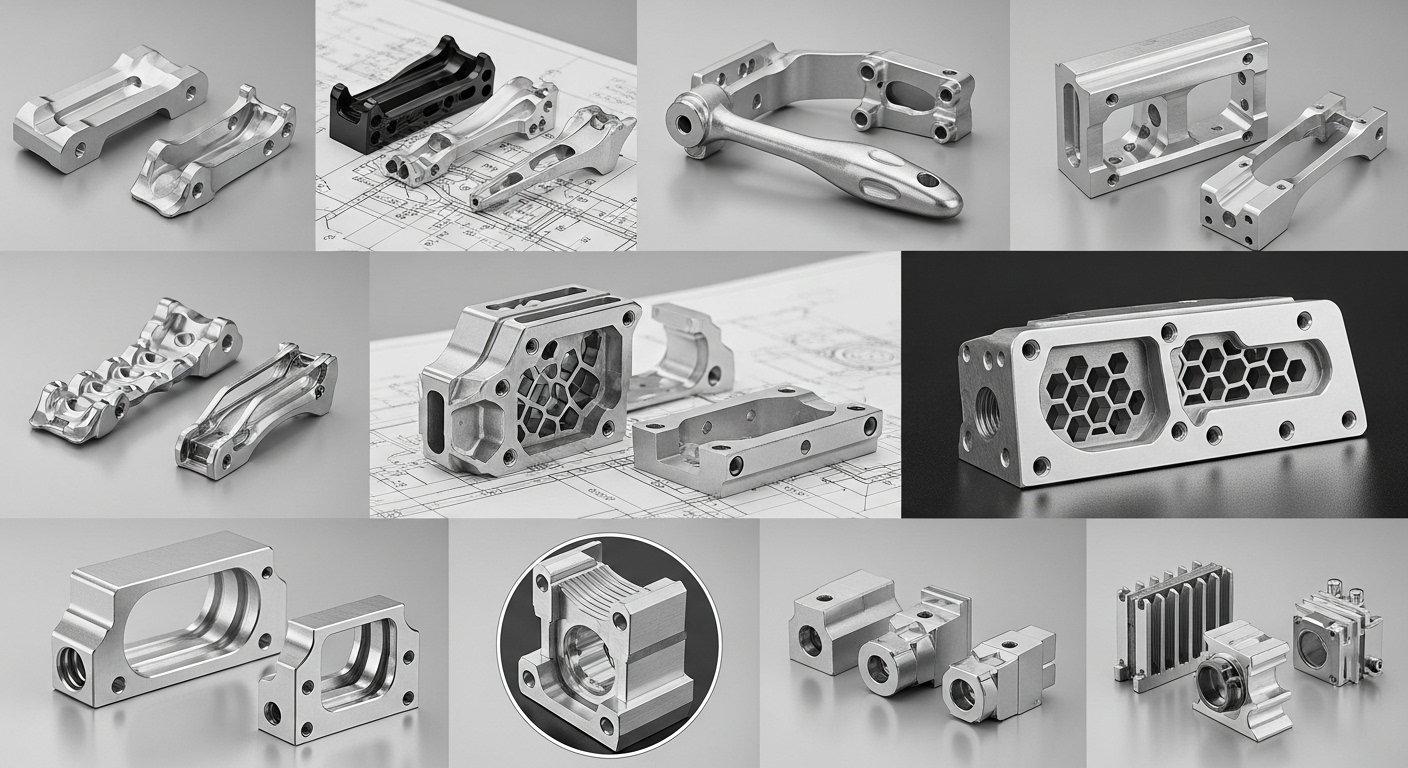 Collage von hochpräzisen Aluminium-CNC-gefertigten Teilen mit vielfältigen Oberflächenfinishs und komplexen Geometrien, die Qualitätsstandards für die Luft- und Raumfahrt darstellen