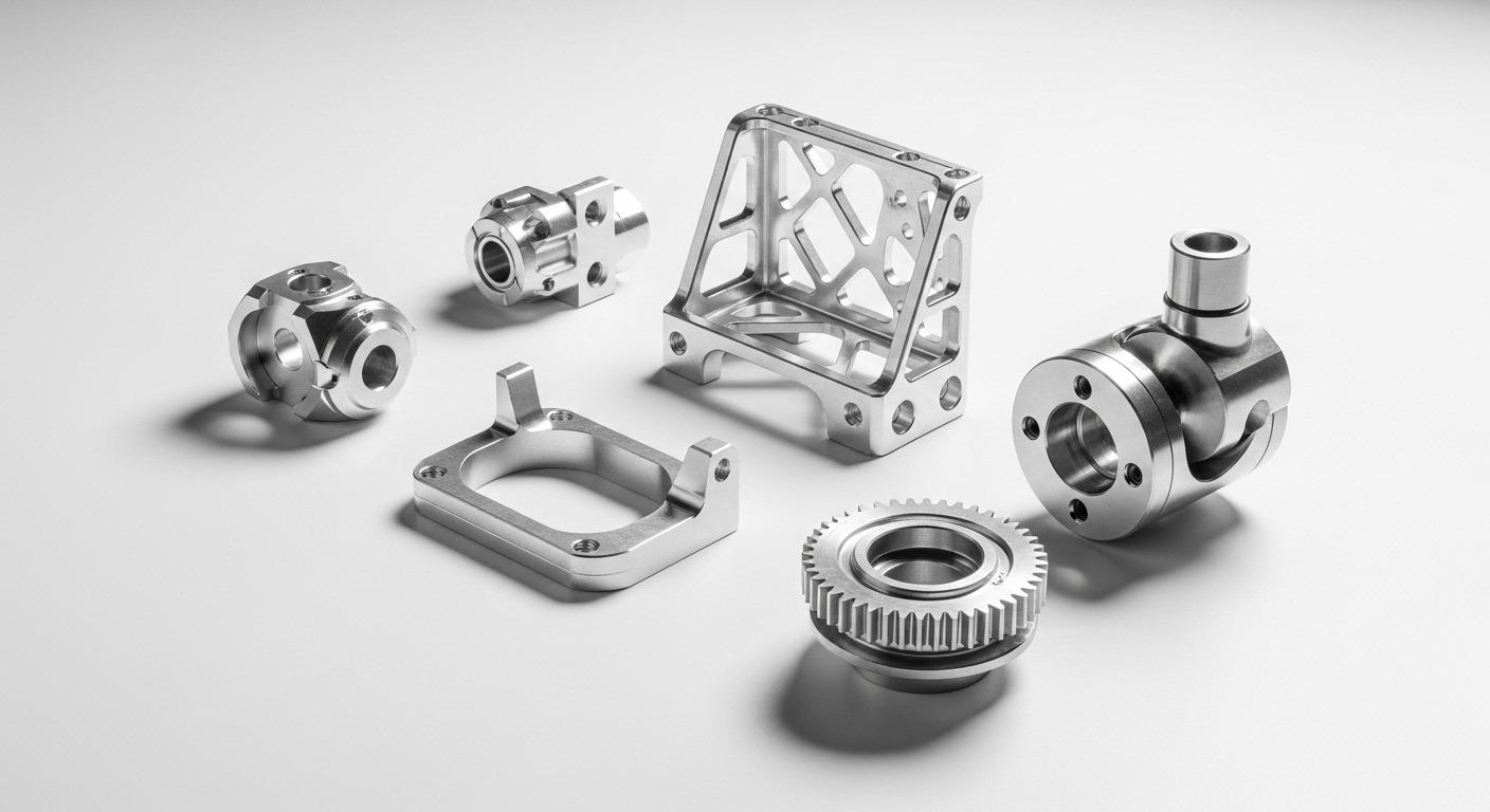 High precision aluminum CNC machined parts featuring delicate medical complex aerospace and advanced robotics components artfully arranged to