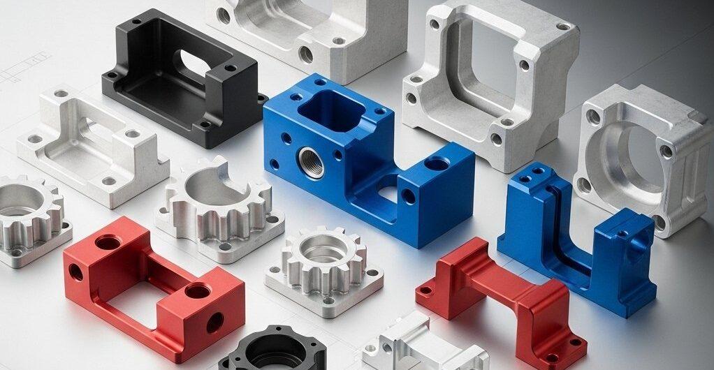 Aluminum CNC machining: What is the impact of anodizing on color uniformity? 1 High resolution studio shot of precision CNC machined aluminum parts some raw and others uniformly anodized in black blue and red demonstratin 1 e1758935026411