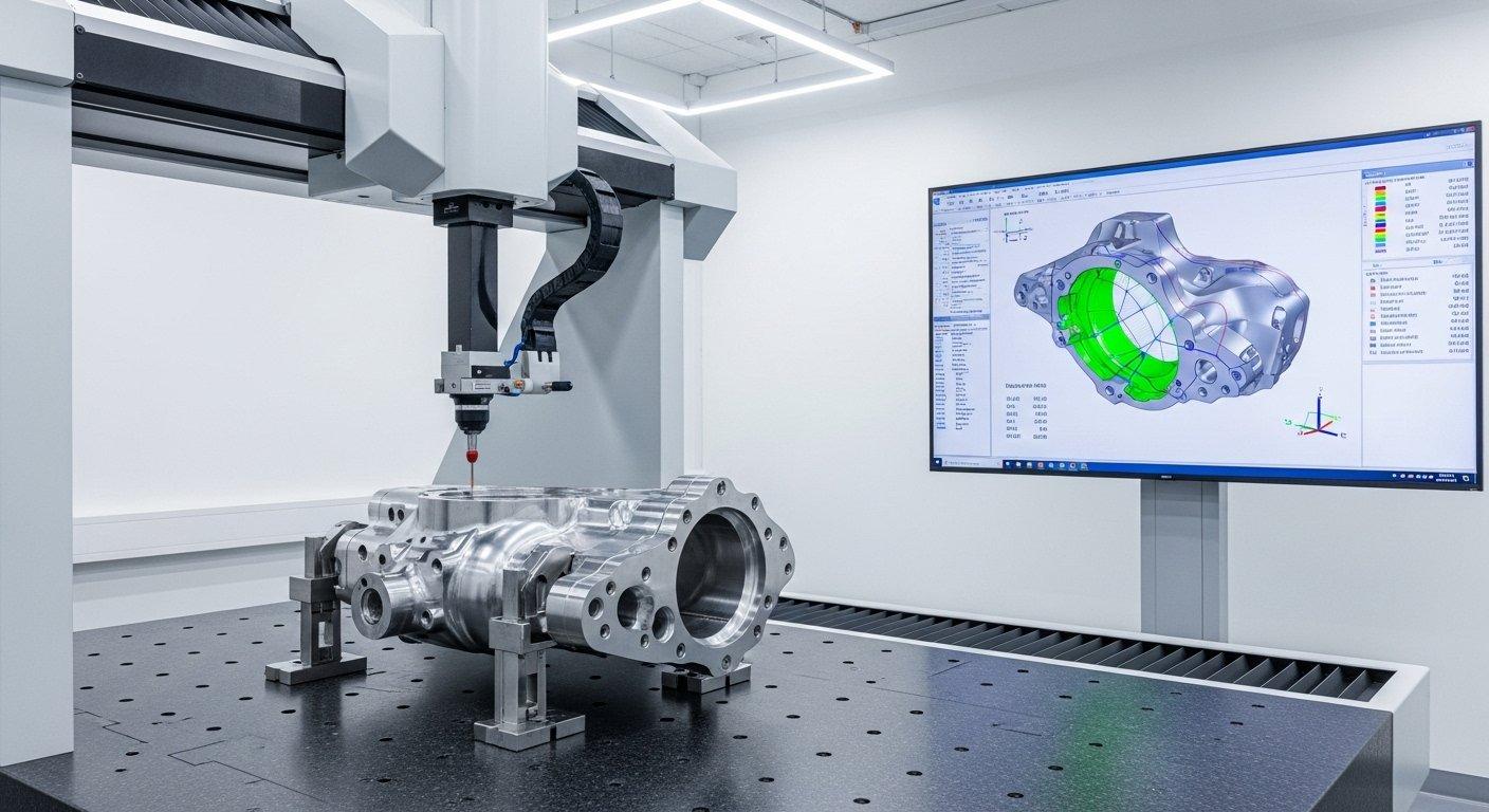 Yüksek teknolojili CMM Koordinat Ölçüm Makinesi, karmaşık CNC ile işlenmiş bir parçayı hassasiyetle inceliyor. Bir ekran detaylı ölçüm verilerini ve 3D görüntüyü gösteriyor
