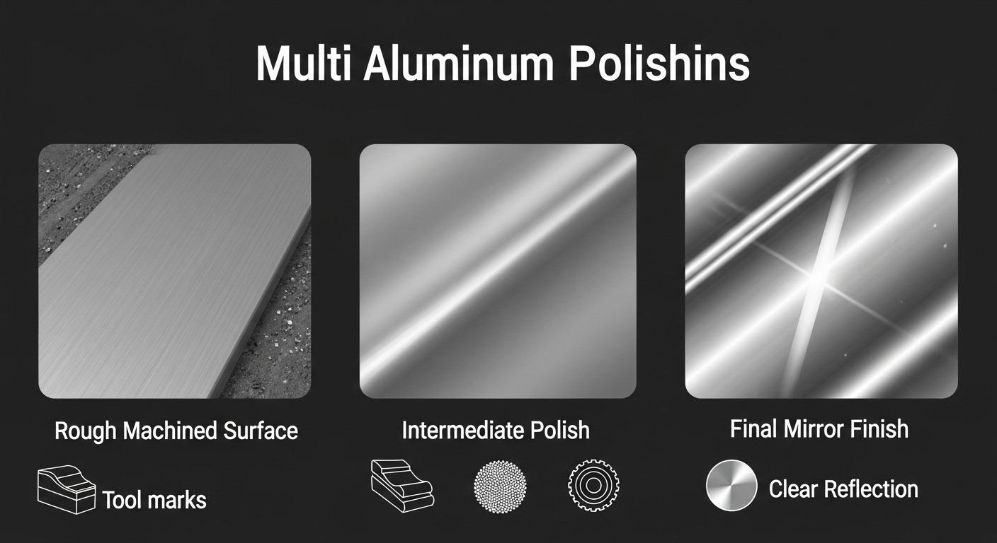 Infographie du processus de polissage multi-étapes de l'aluminium pour pièces CNC illustrant la transformation d'une surface rugueuse et terne en semi-brillante et une finition finale