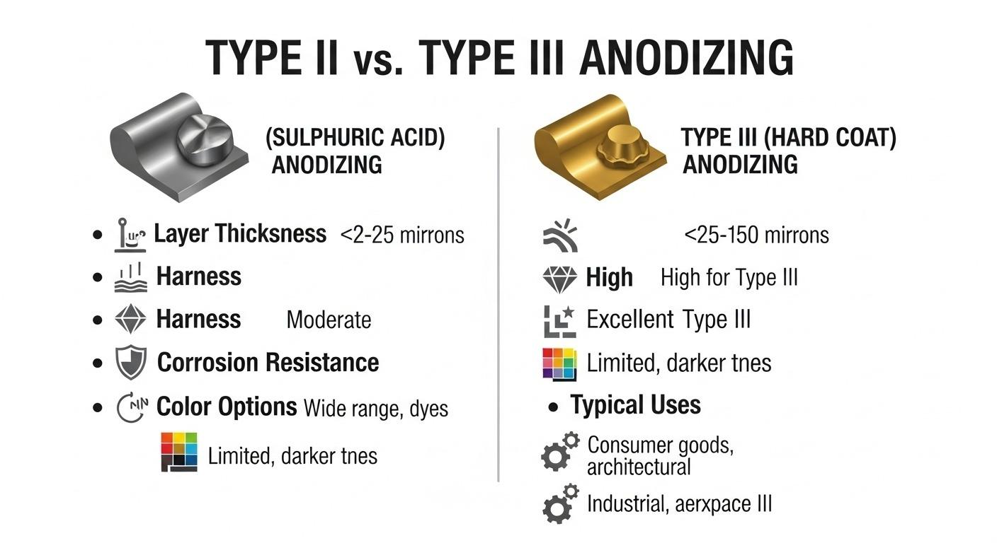 Infographic comparing Type II Sulphuric Acid and Type III Hard Coat anodizing characteristics like layer thickness hardness corrosion resist