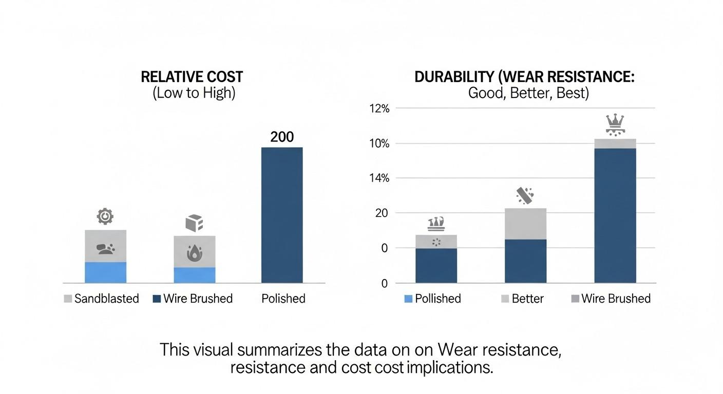 Infographie comparant le coût relatif et la résistance à l'usure des finitions de surface en aluminium sablé, brossé et poli pour CNC ma